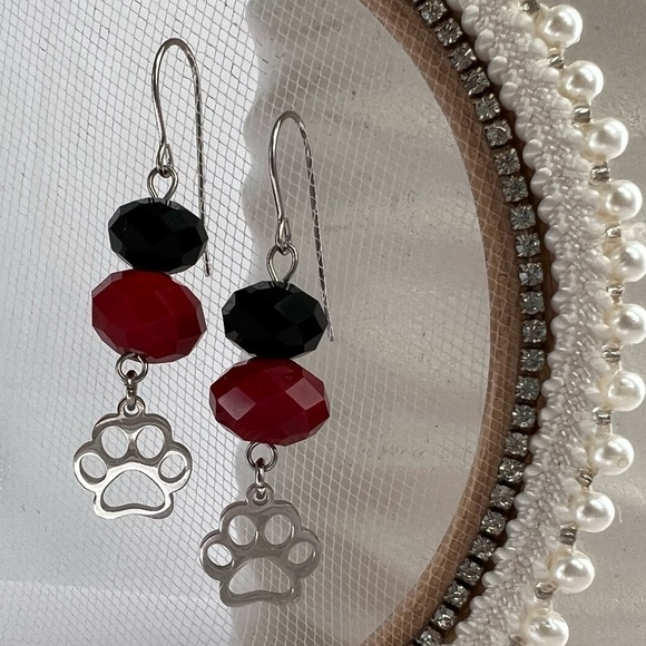 Hand Crafted Jewelry - Black & Red Dangle Earrings with Paw Charms